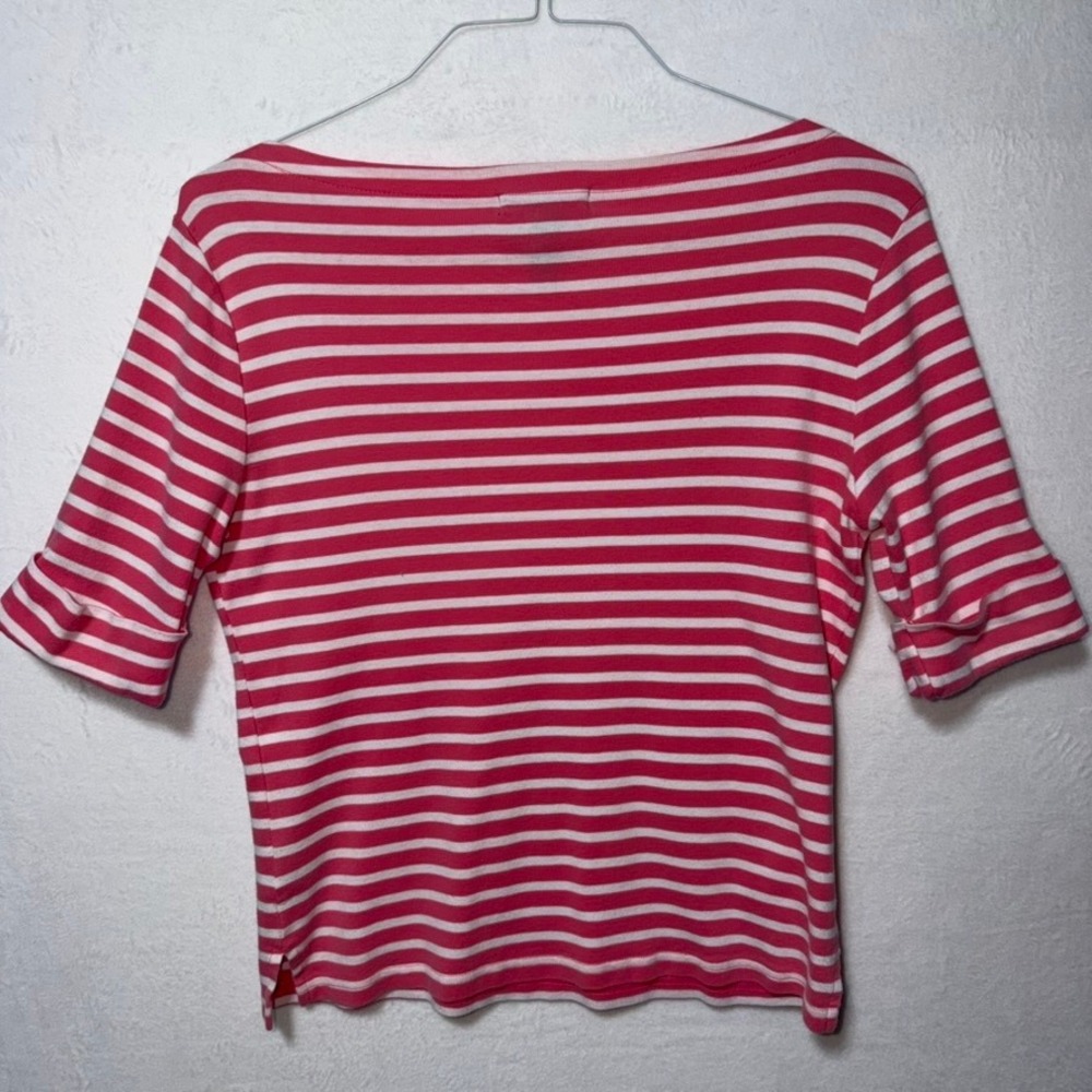 Lauren Ralph Lauren Pink White Striped Boat Neck Short Sleeve Top Large